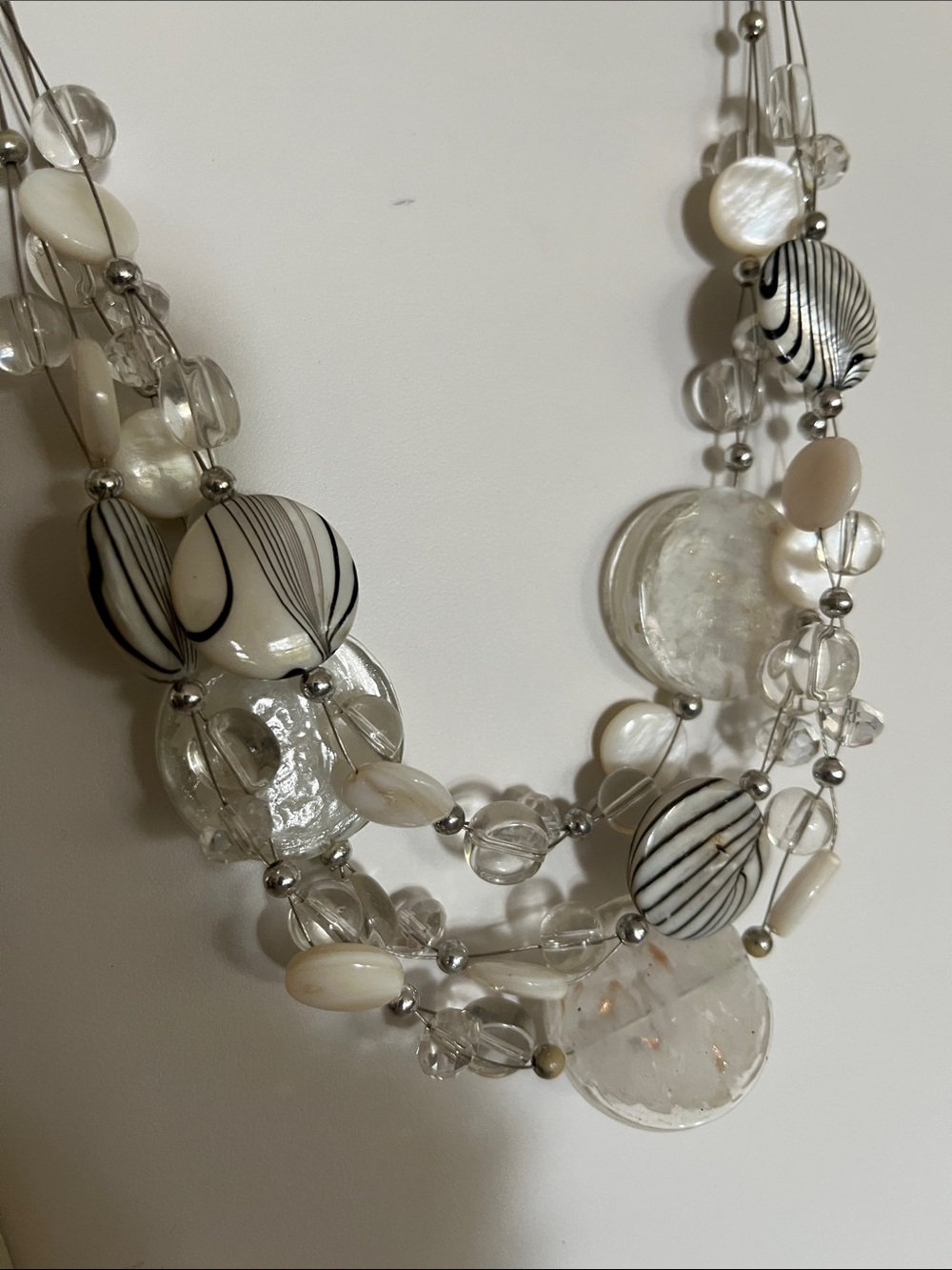 Shell & glass Multi-Strand White & Black Beaded Statement Necklace
